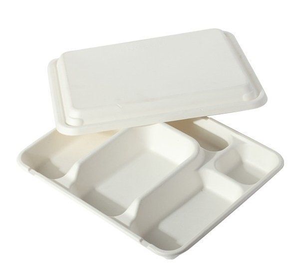 plateau 5 compartiments avec couvercle fibre de canne a sucre ou transparent RPET