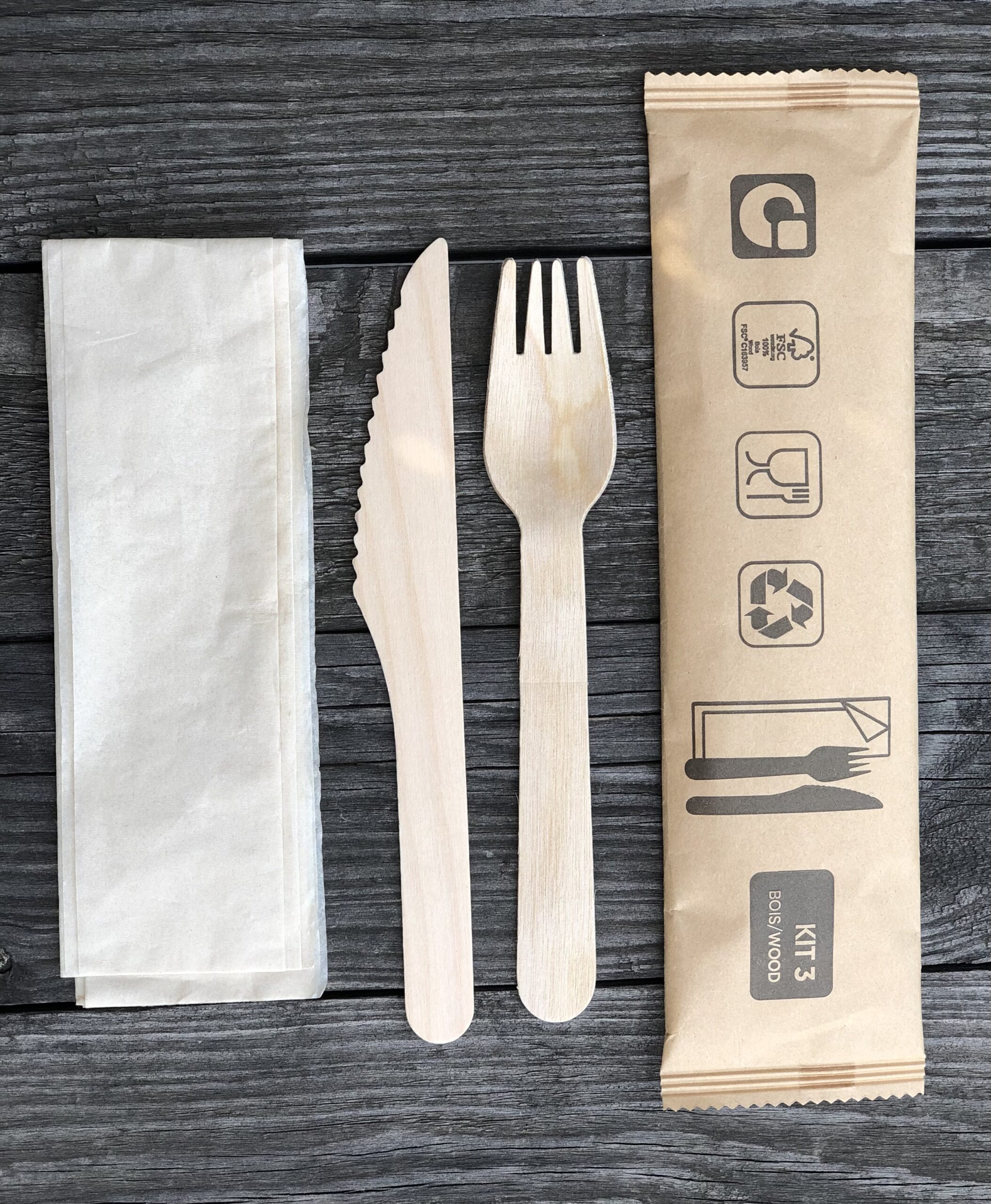 Kit couvert bois (couteau,fourchette,serviette)