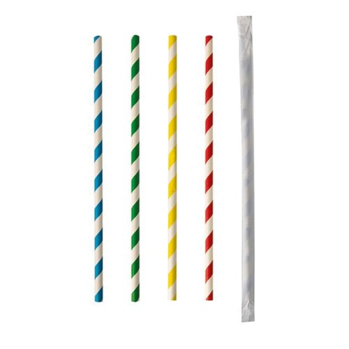Pailles en papier Ø 6 mm · 20 cm couleurs assorties "Stripes" emballage individuel