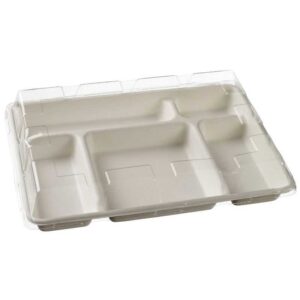 plateau 5 compartiments avec couvercle fibre de canne a sucre ou transparent RPET