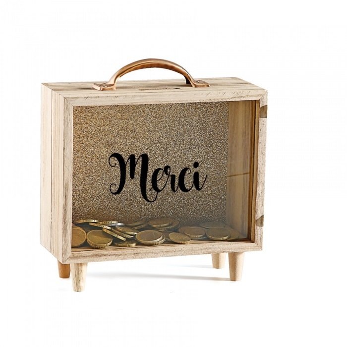 Tirelire boite bois vitre “MERCI” 35x7,5Hx30,5cm