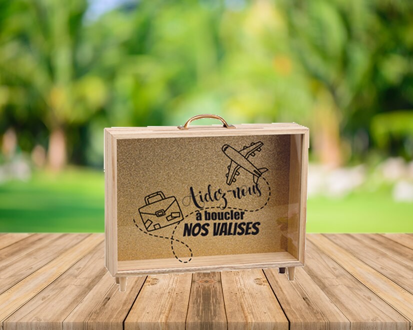 Tirelire boite "Aidez-nous a boucler nos valises" 35x7,5cmx30,5cm 