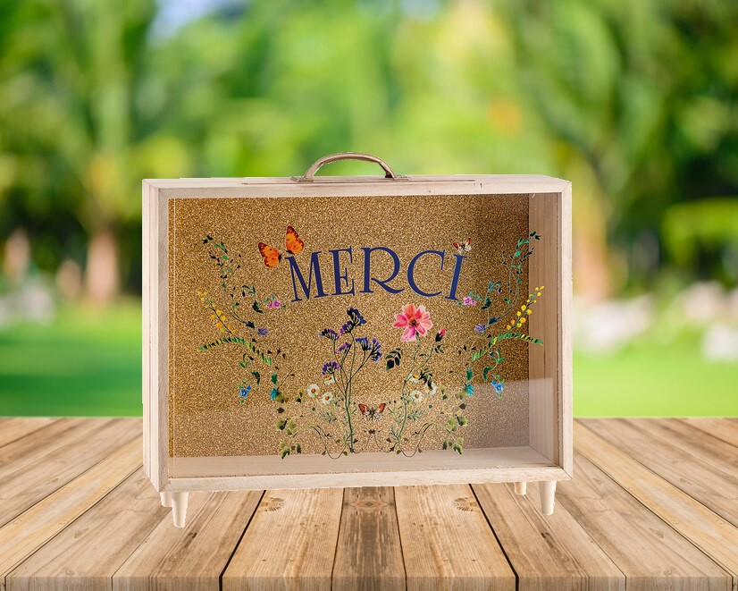 Tirelire boite fleurs "Merci" 35x7,5hx30,5cm