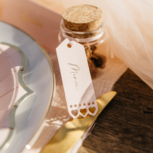 Étiquettes Cœurs papier rose poudré avec ruban satin rose (x10)