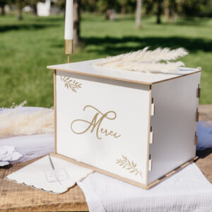 Tirelire "MERCI" en bois blanc & or 30x23,5x23,6cm
