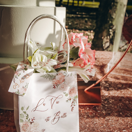 Étiquettes blanches Peony rose gold + ruban rose (x10)