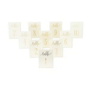 10 marque-tables de 1 à 10, avec une élégante dorure embossée sur fond blanc