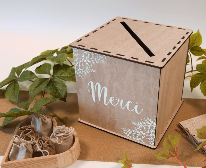 Tirelire "MERCI" en bois déco florale 24x24x24cm