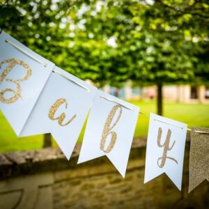 Guirlande “Baby Shower” en papier bleu ciel et paillettes champagne