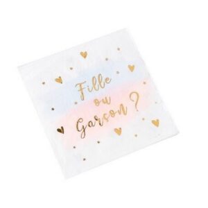16 Serviettes “Fille ou Garçon ?” papier blanc rose bleu or