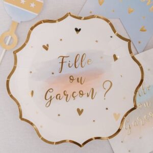 8 Assiettes “Fille ou Garçon ?” carton blanc rose bleu et or 23cm