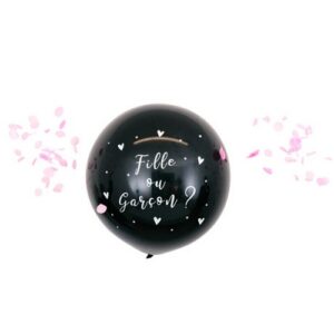 Ballon géant “Fille ou Garçon?” en noir avec des confettis roses ou bleu de 60cm