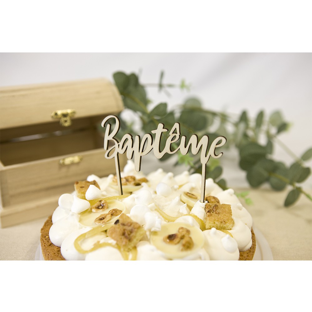 Décor de Gâteau en Bois “Baptême” 11x8.5cm Nature