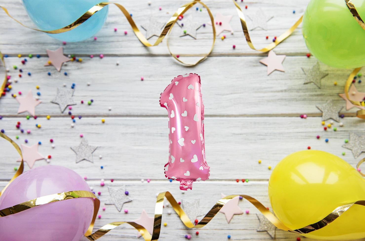 Ballon métallisé "1" rose avec cœurs 36cm