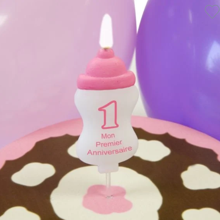Bougie mon premier anniversaire rose forme biberon 3x6cm