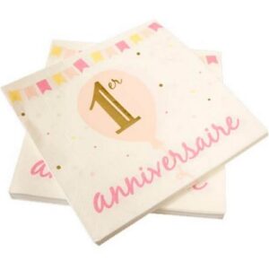 Serviettes de Table 1er anniversaire Blanche Doré Métallisé et rose par 20
