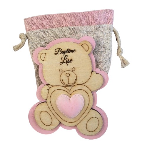 Gravure laser ourson bois avec pochon lin 8x6,5cm
