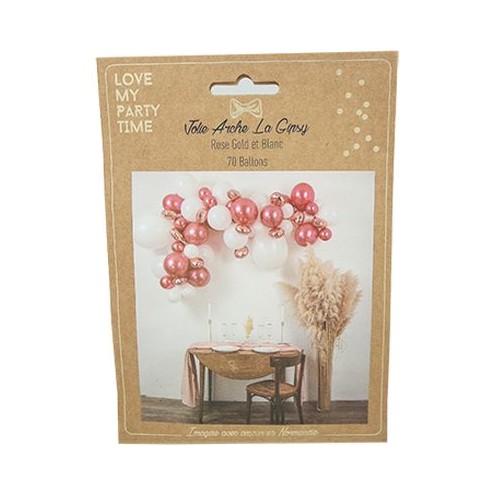 Kit arche de 70 ballons "LA GIPSY" Rose gold & blanc