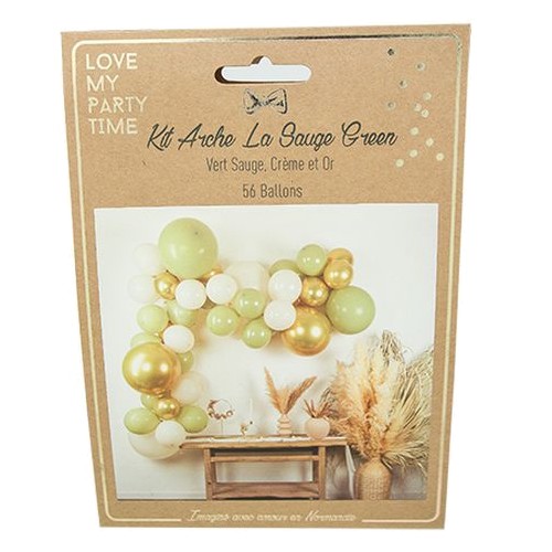 Kit Arche de 56 Ballons La Sauge Green Crème, Vert Sauge et Or