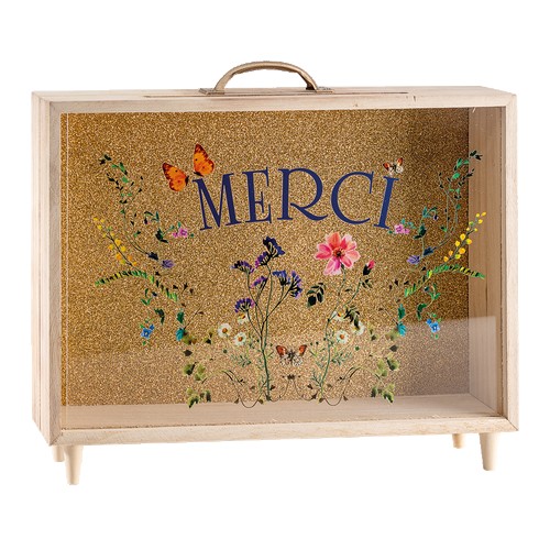 Tirelire fleurs "MERCI" 35 x 7,5H x 30,5cm