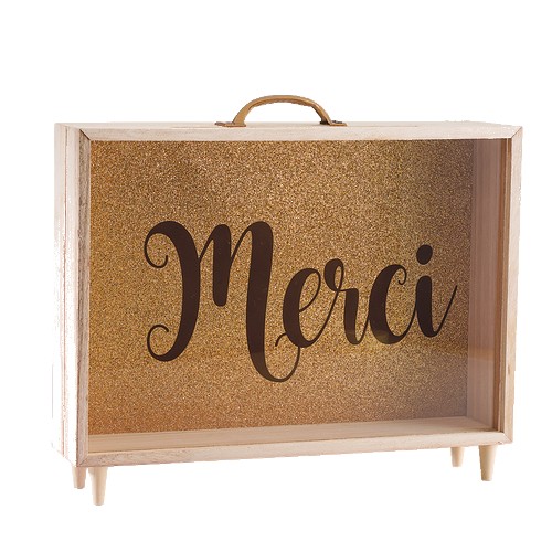 Tirelire boite bois vitre “MERCI” 35x7,5Hx30,5cm