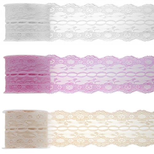 Ruban dentelle de 3m x 5cm blanc, rose ou naturel