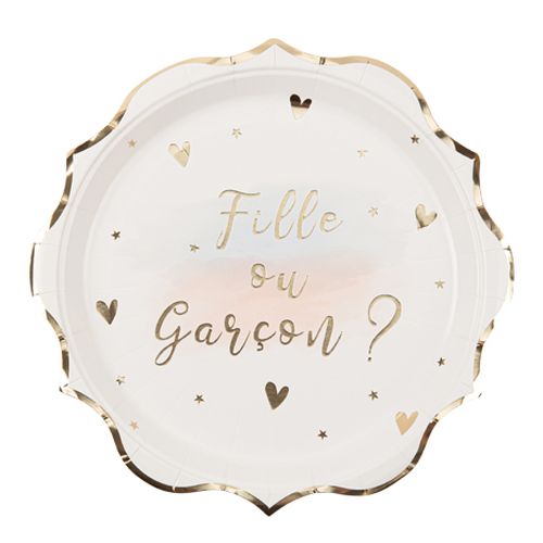 8 Assiettes “Fille ou Garçon ?” carton blanc rose bleu et or 23cm